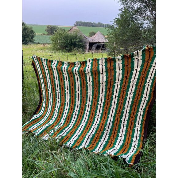 Vintage 1970s Crochet Afghan Blanket Green Brown & Cream Stripes  74x59 - Picture 3 of 14